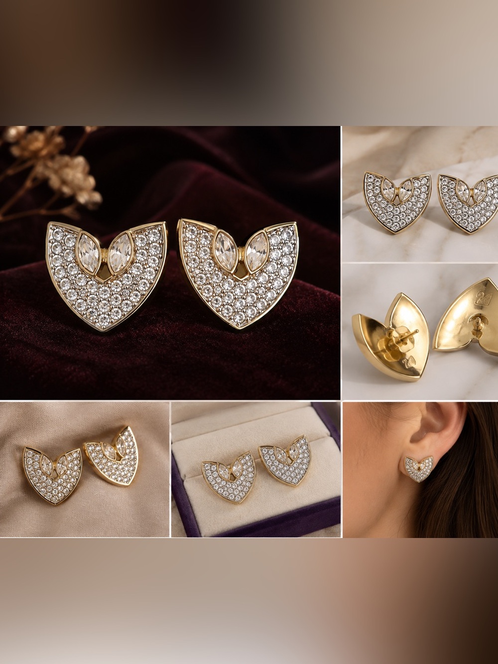 Vintage Swarovski Gold Tone Clear Crystal Pavé Fan Earrings